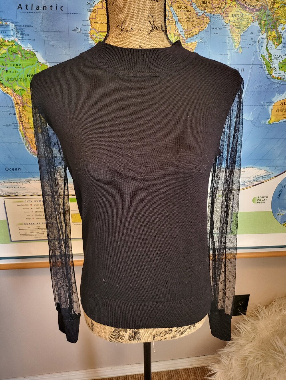 Stitchcount Black Sweater with Sheer Polka Dot Sleeves, Small